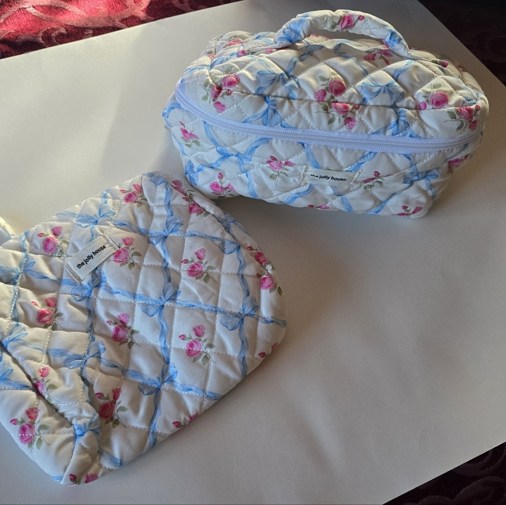 Cute Bow Flower Zipper Quilting Cotton Makeup Bag- 2 Piece - Picture 8 of 9